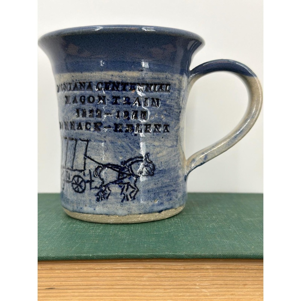 Vtg Leslie Clark '89 Montana Centennial Wagon Train Stoneware Pottery Mug READ